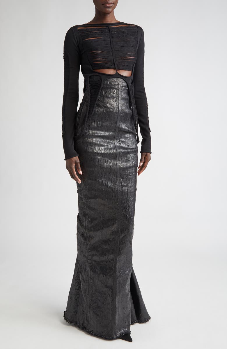 Rick Owens Gonna in Lido Coated Metallic Denim Skirt, Alternate, color, 