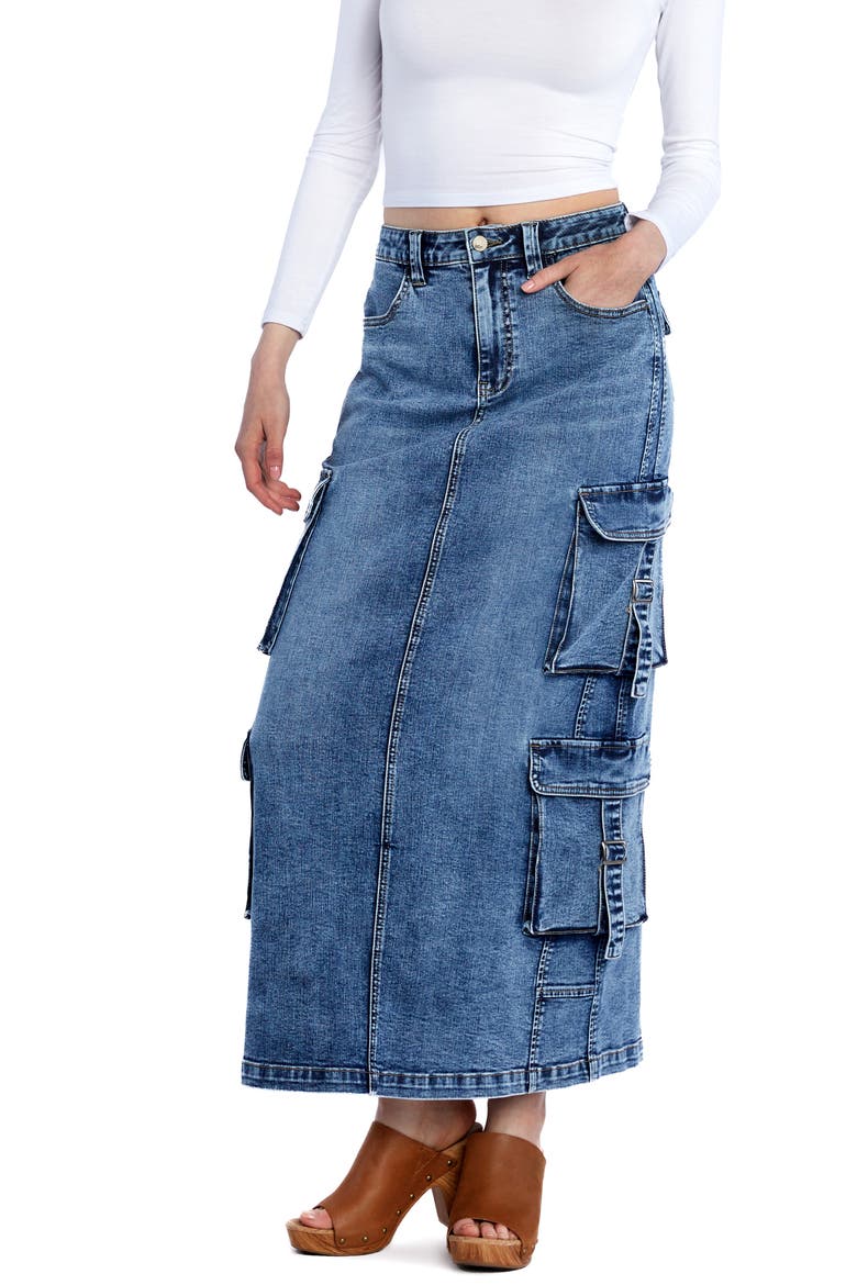 Cargo Pocket Denim Maxi Skirt, Alternate, color, CARGO BLUE
