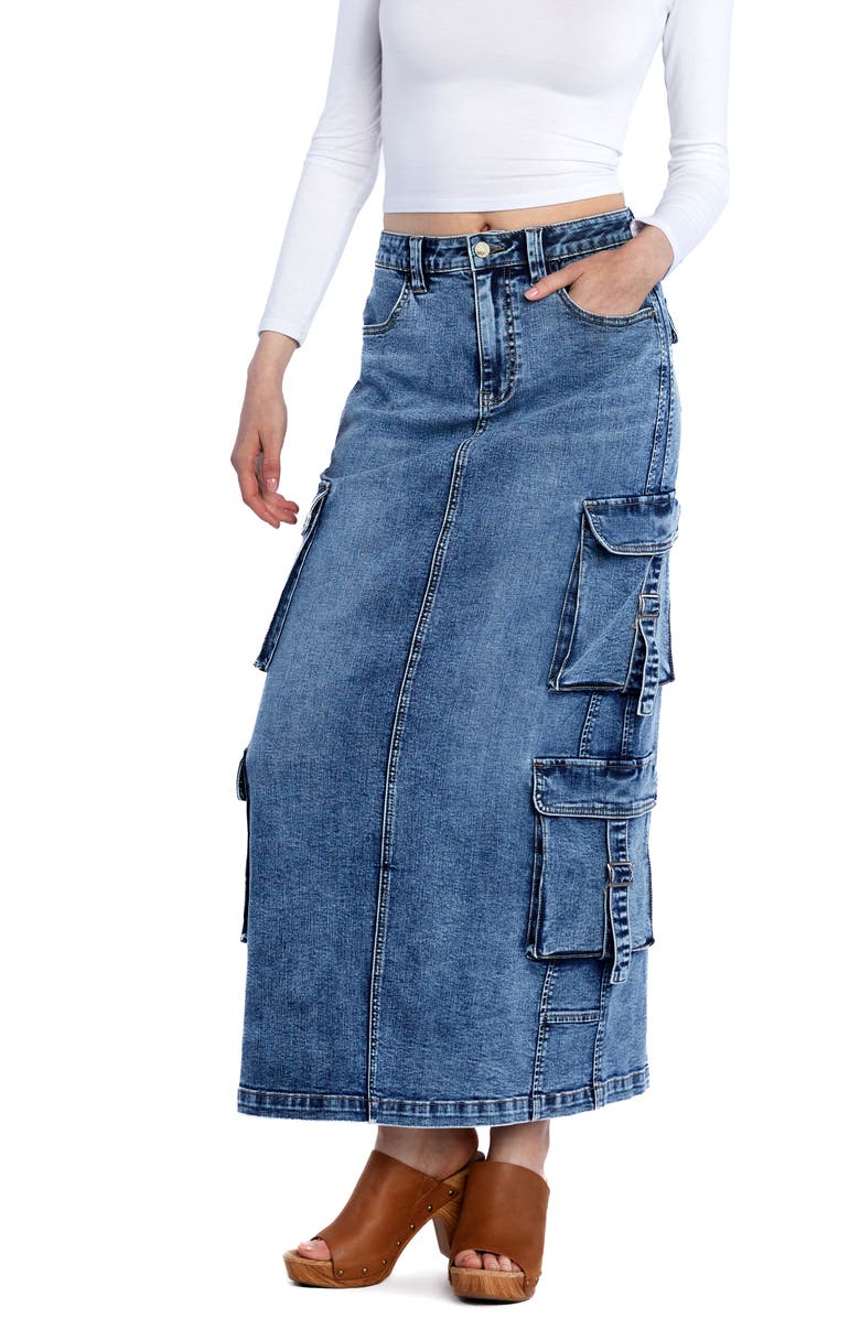 Wash Lab Denim Cargo Pocket Denim Maxi Skirt, Alternate, color, Cargo Blue
