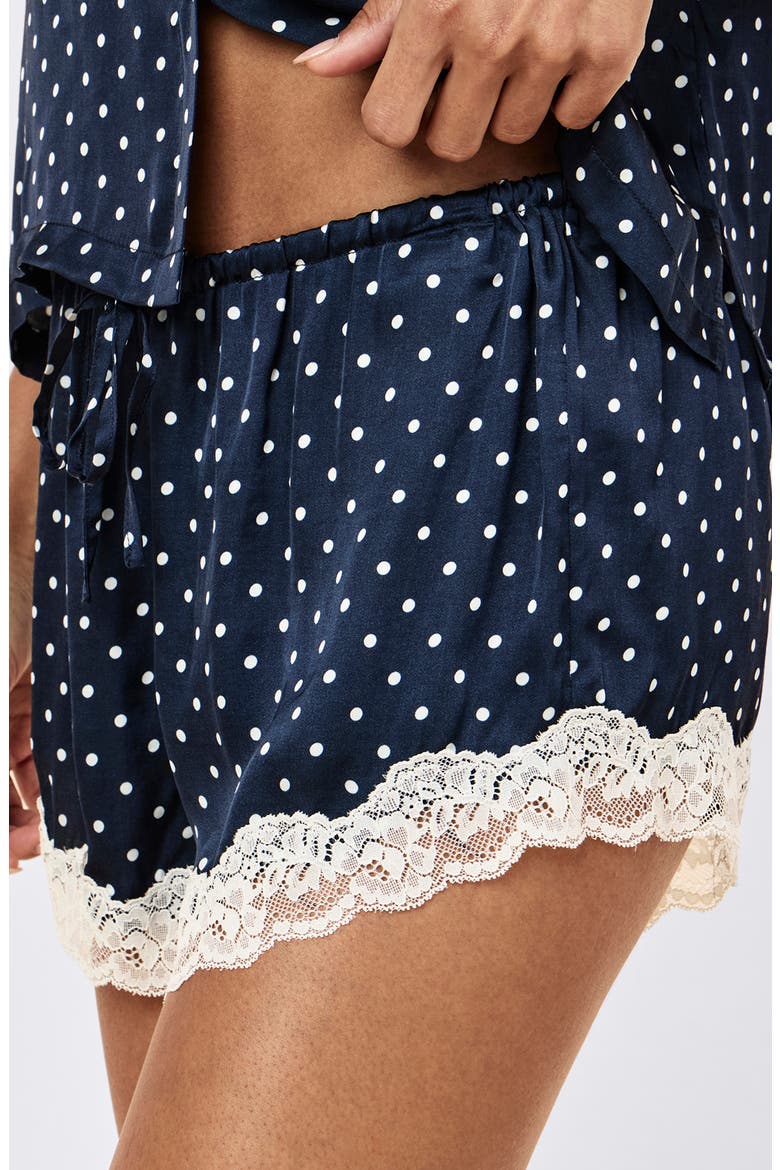 Annabelle Satin Lace Boxer Pajamas, Alternate, color, DEEP NAVY/ MINI CREAM SPOT