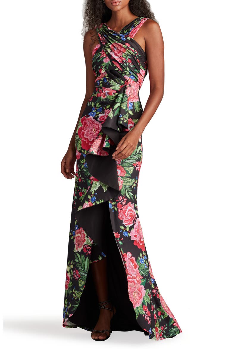 Twist Front Pleated Mermaid Gown, Alternate, color, BLACK/ FUCHSIA FLORAL