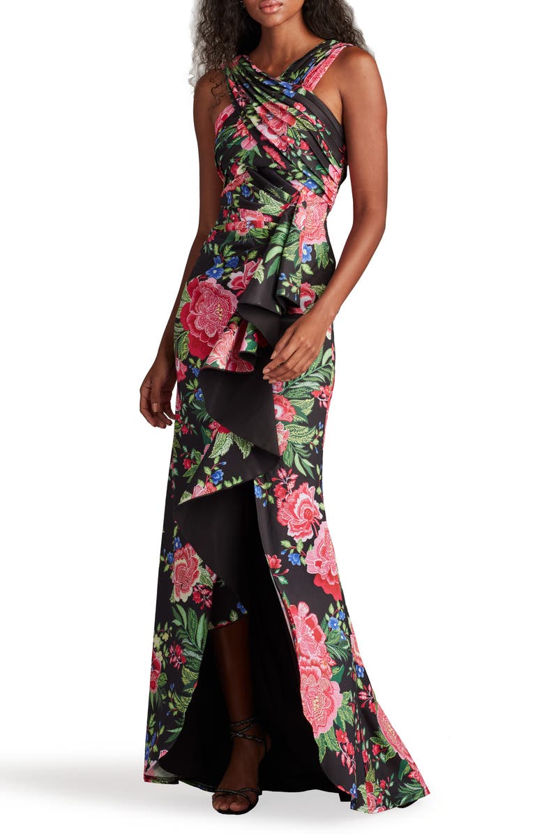 Tadashi Shoji Twist Front Pleated Mermaid Gown, Alternate, color, Black/ Fuchsia Floral