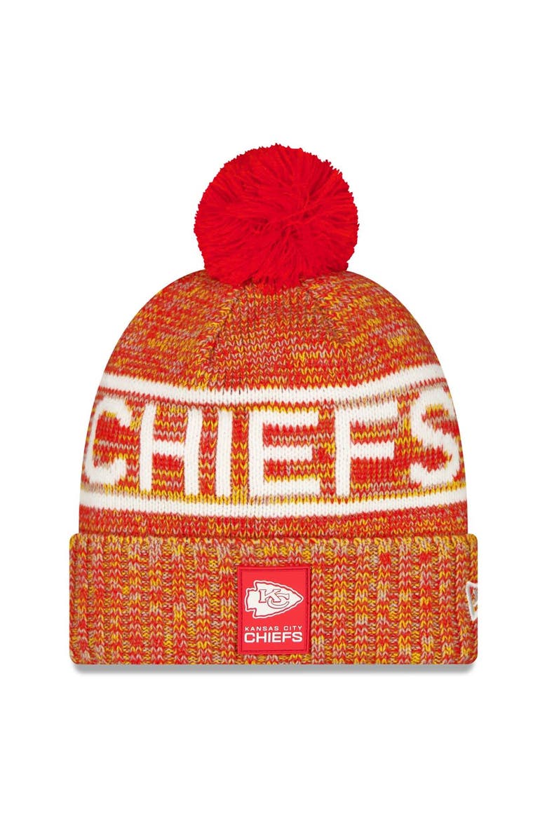 Men's New Era Red Kansas City Chiefs 2025 Sideline Cold Weather Cuffed Knit Hat with Pom, Main, color, Red