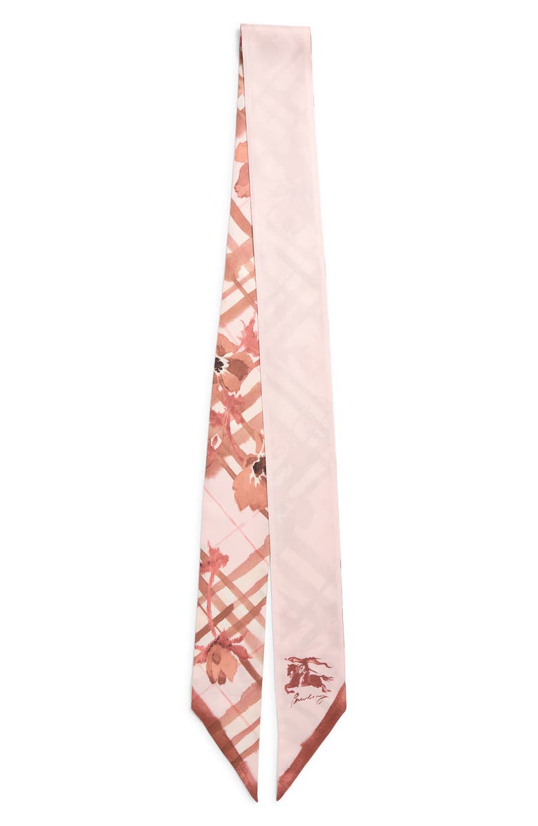 Burberry Anemone Watercolor Check Reversible Silk Skinny Scarf, Main, color, Quartz Pink