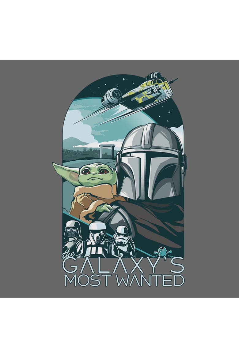 Junior's Star Wars The Mandalorian and Grogu Galaxy's Most Wanted Comic Art  Graphic T-Shirt, Alternate, color, Charcoal