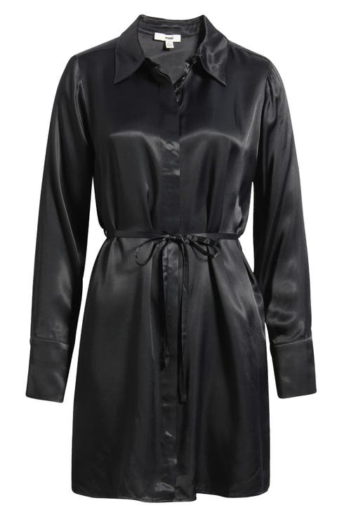 Tie Waist Long Sleeve Satin Shirtdress