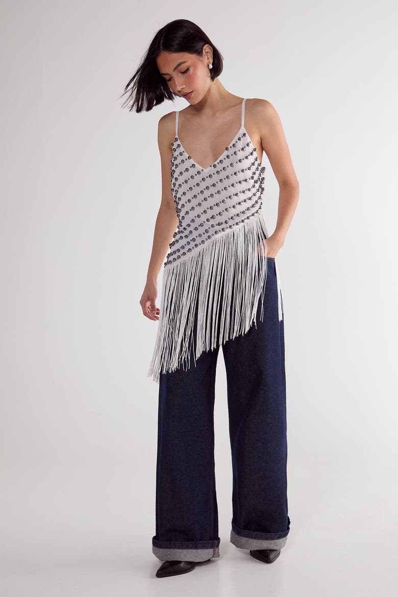 Studded Asymmetric Fringed Cami Top, Alternate, color, White