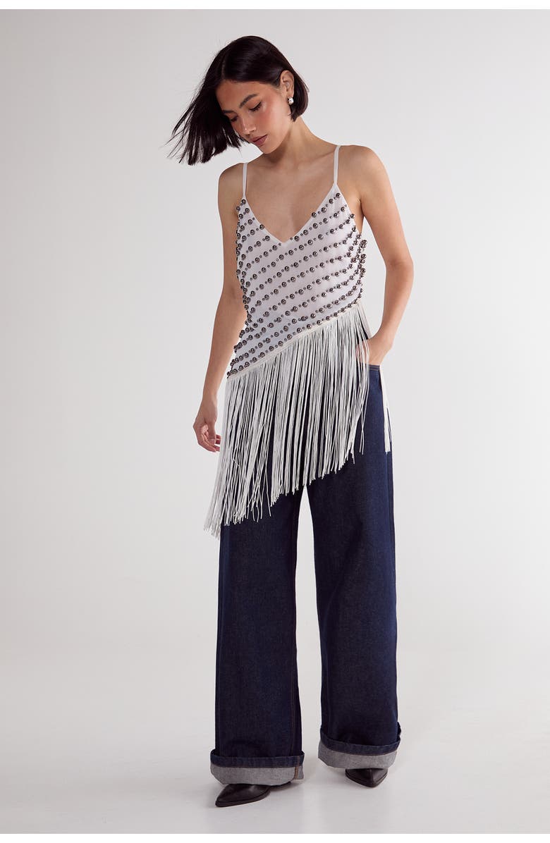 NASTY GAL Studded Asymmetric Fringed Cami Top, Alternate, color, White