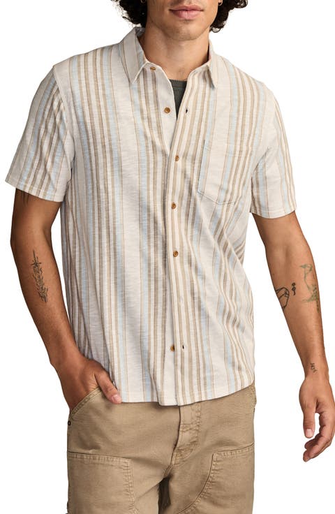 Stripe Short Sleeve Cotton Blend Button-Up Shirt