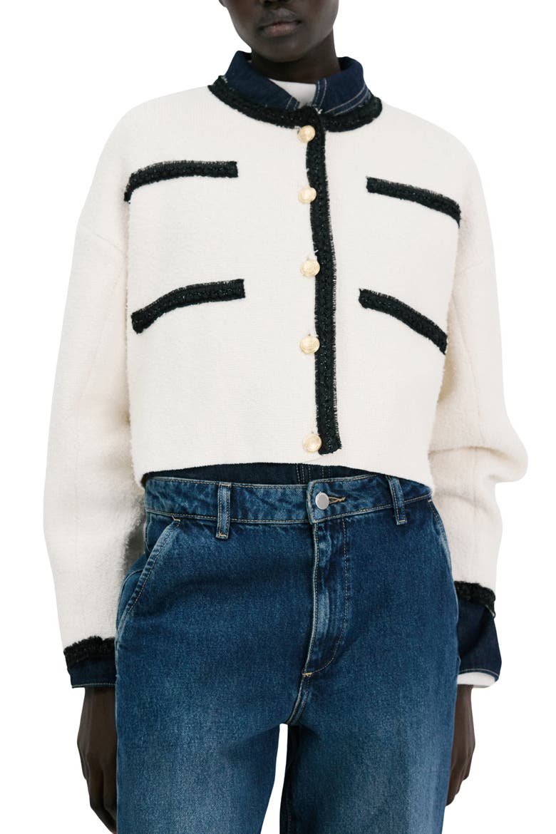 Contrast Trim Cotton Blend Crop Cardigan, Main, color, ECRU