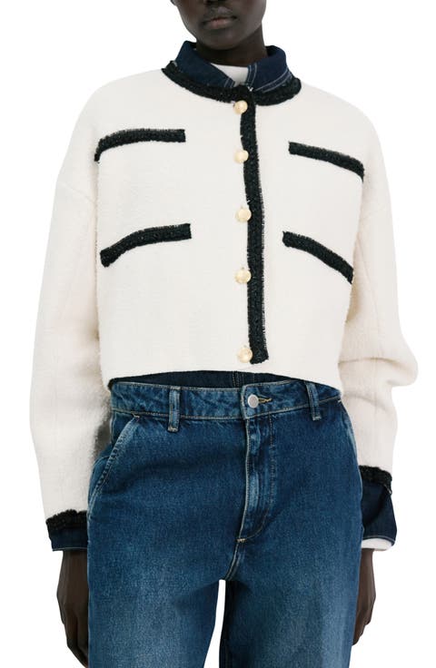 Contrast Trim Cotton Blend Crop Cardigan