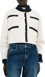 MANGO Contrast Trim Cotton Blend Crop Cardigan