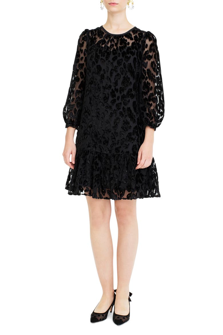 Leopard Flutter Hem Burnout Velvet Dress, Main, color, BLACK
