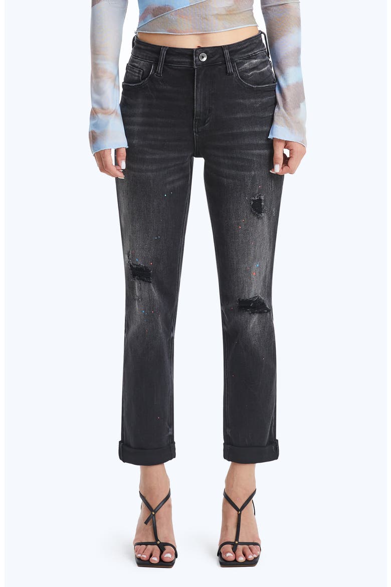 Paint Splatter Ripped High Waist Mom Jeans, Main, color, IRON BLACK
