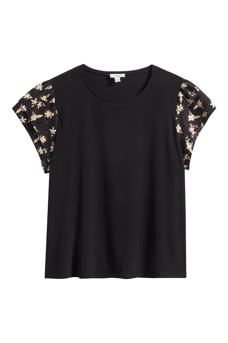 Eyelet Tiered Ruffle Sleeve Stretch Crepe Top, Alternate, color, RICH BLACK