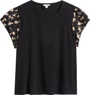 CeCe Eyelet Tiered Ruffle Sleeve Stretch Crepe Top