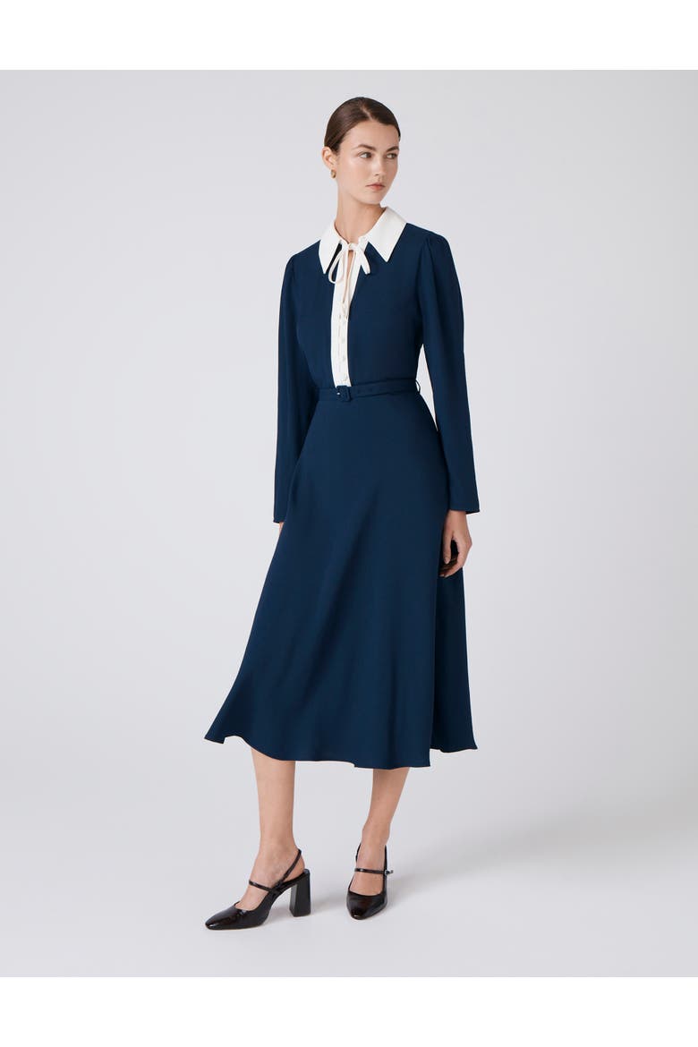 Lillian Crepe Collared Neck Midi Dress, Alternate, color, Navy