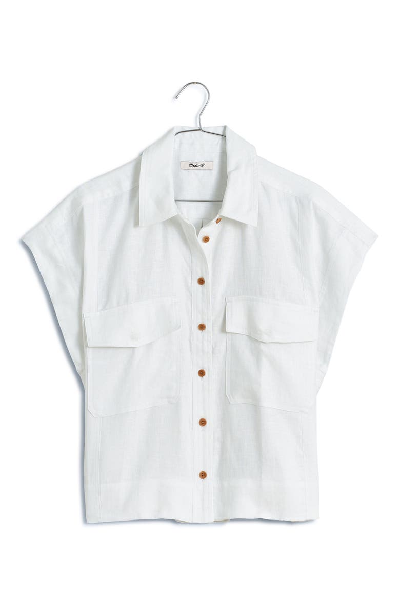Flap Pocket Linen Button-Up Shirt, Alternate, color, EYELET WHITE