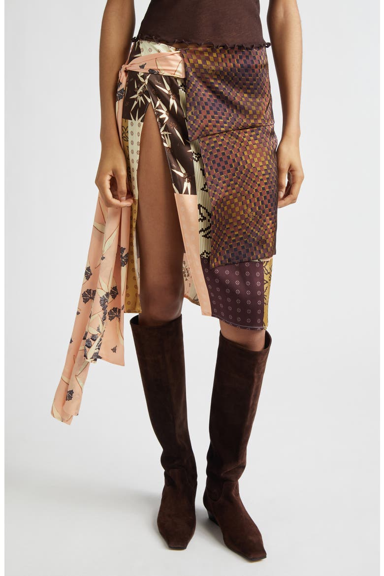 Zoe Patchwork Print Satin Skirt with Sash, Main, color, BROWN MULTI
