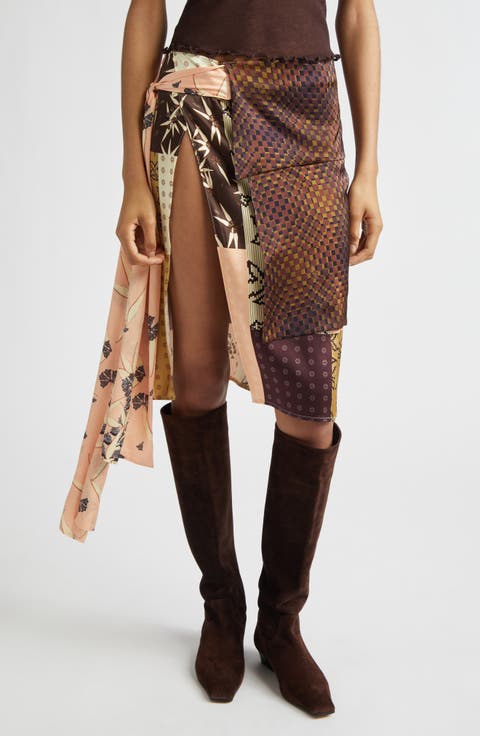Zoe Patchwork Print Satin Skirt with Sash