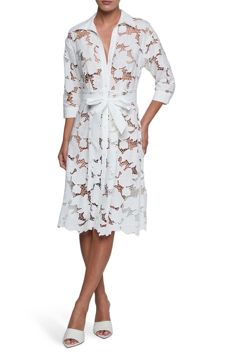 L'AGENCE May Tie Waist Lace Midi Dress, Main, color, Ivory