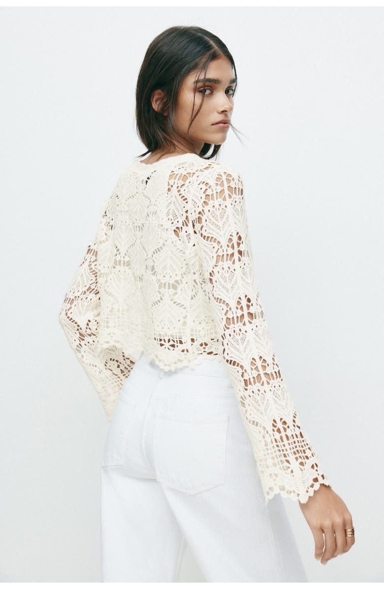 H&M Crochet-look Cotton Cardigan, Alternate, color, Light Beige