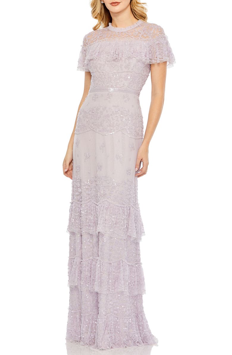 Mac Duggal Hand Embellished Cap Sleeve Ruffle Tiered Gown, Main, color, Lilac