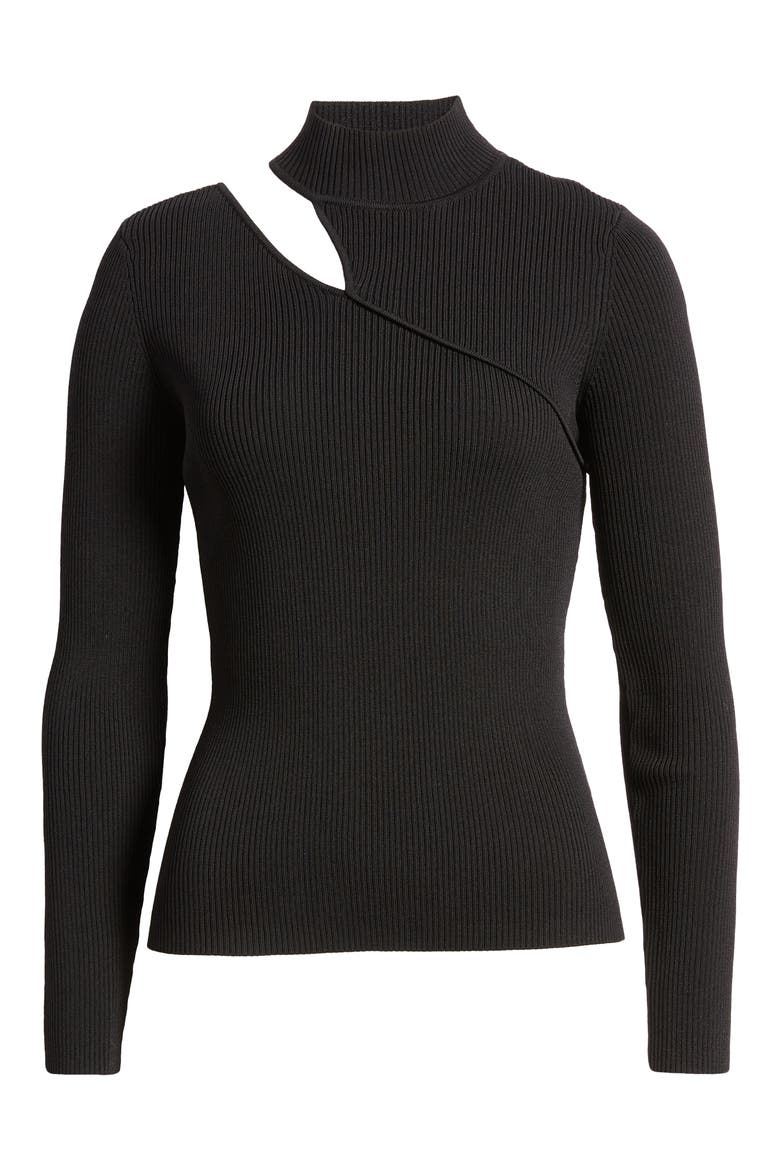 Shoulder Cutout Rib Mock Neck Sweater, Alternate, color, RICH BLACK