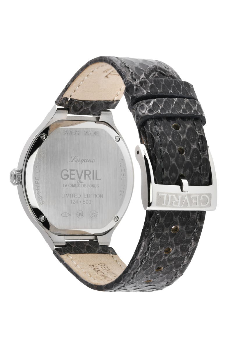 GEVRIL Lugano Diamond Croc Embossed Leather Strap Watch, 38mm, Alternate, color, 