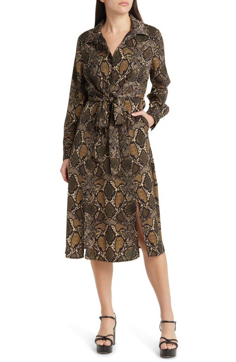Snakeskin Print Front Tie Long Sleeve Shirtdress