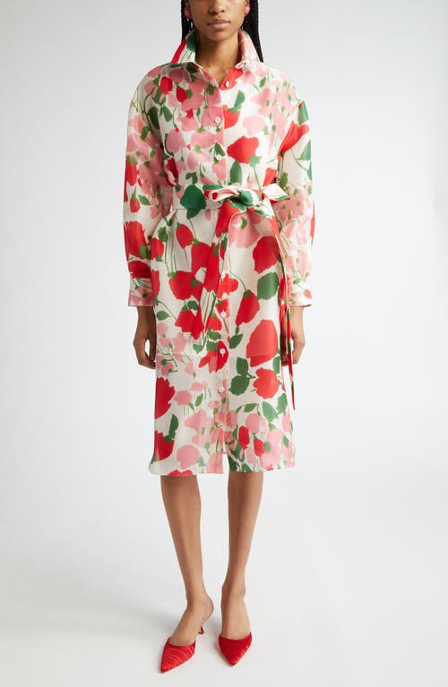 Carolina Herrera Rose Print Oversized Self-belt Midi Shirt Dress In White Multi