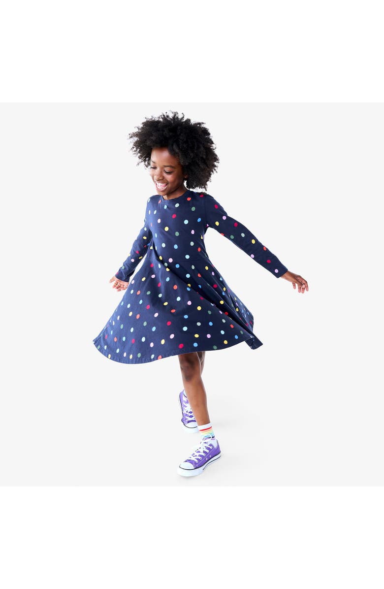 Primary Long Sleeve Twirly Dress In Confetti Dots, Alternate, color, Navy Confetti Dot