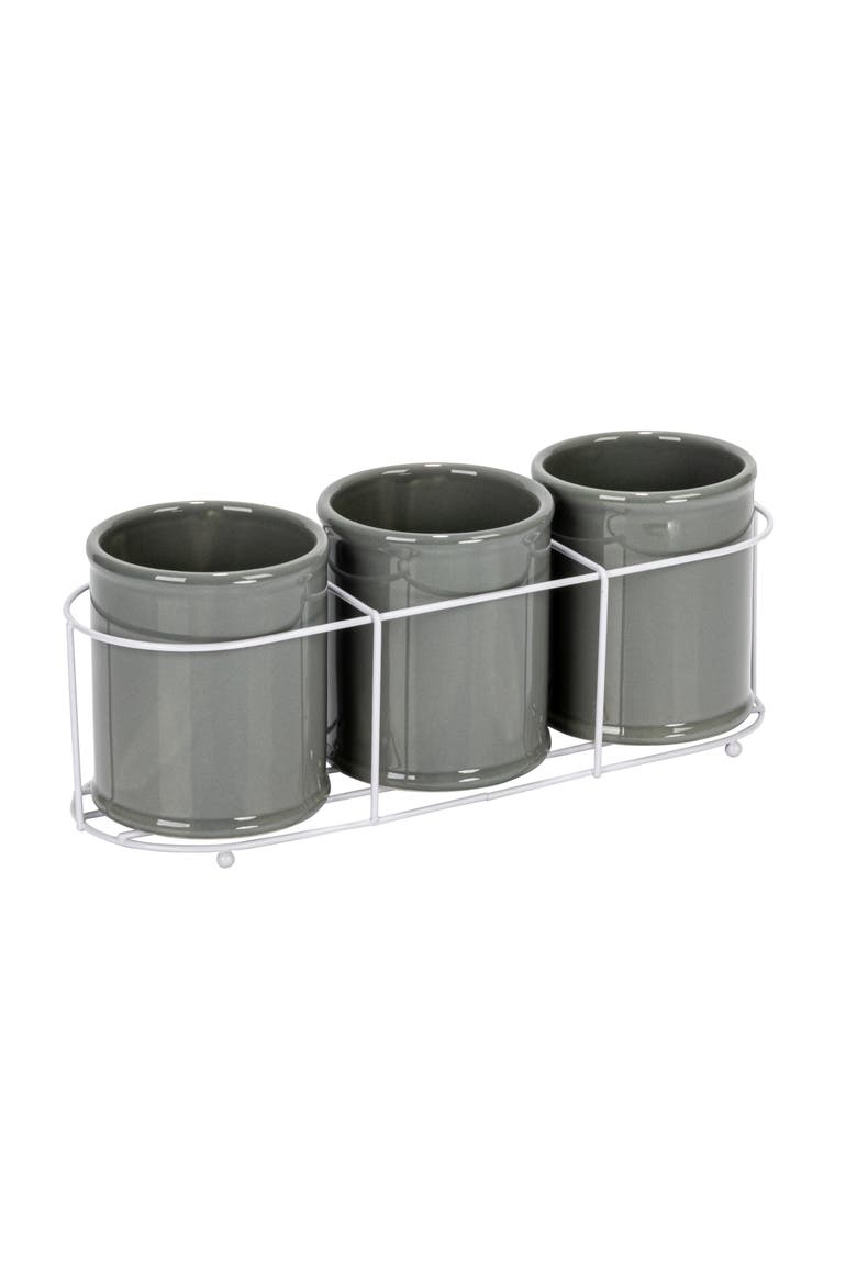 Farmhouse Ceramic Crocks in Metal Holder, Grey and White, Main, color, Grey