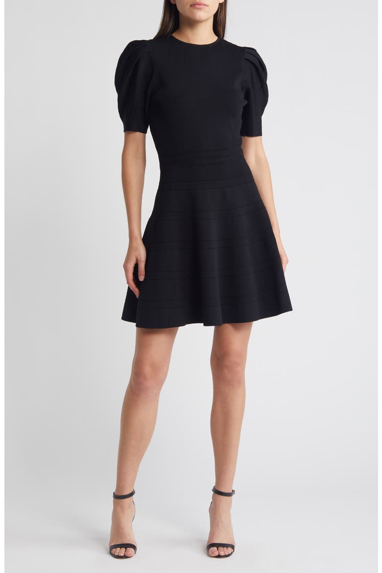 Velvey Puff Sleeve Dress, Main, color, BLACK