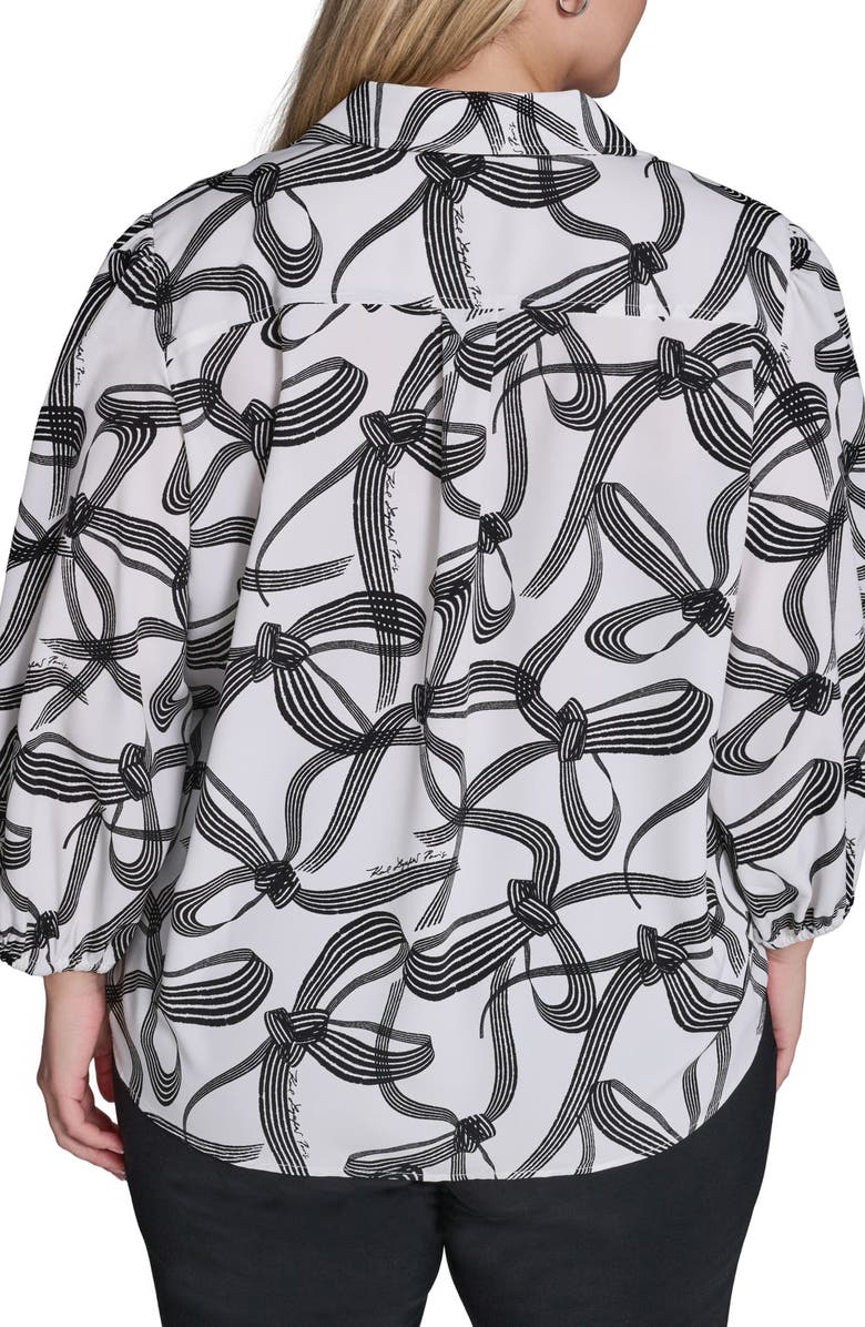KARL LAGERFELD PARIS Bow Print Crepe Button-Up Shirt, Alternate, color, Soft White/ Black Multi