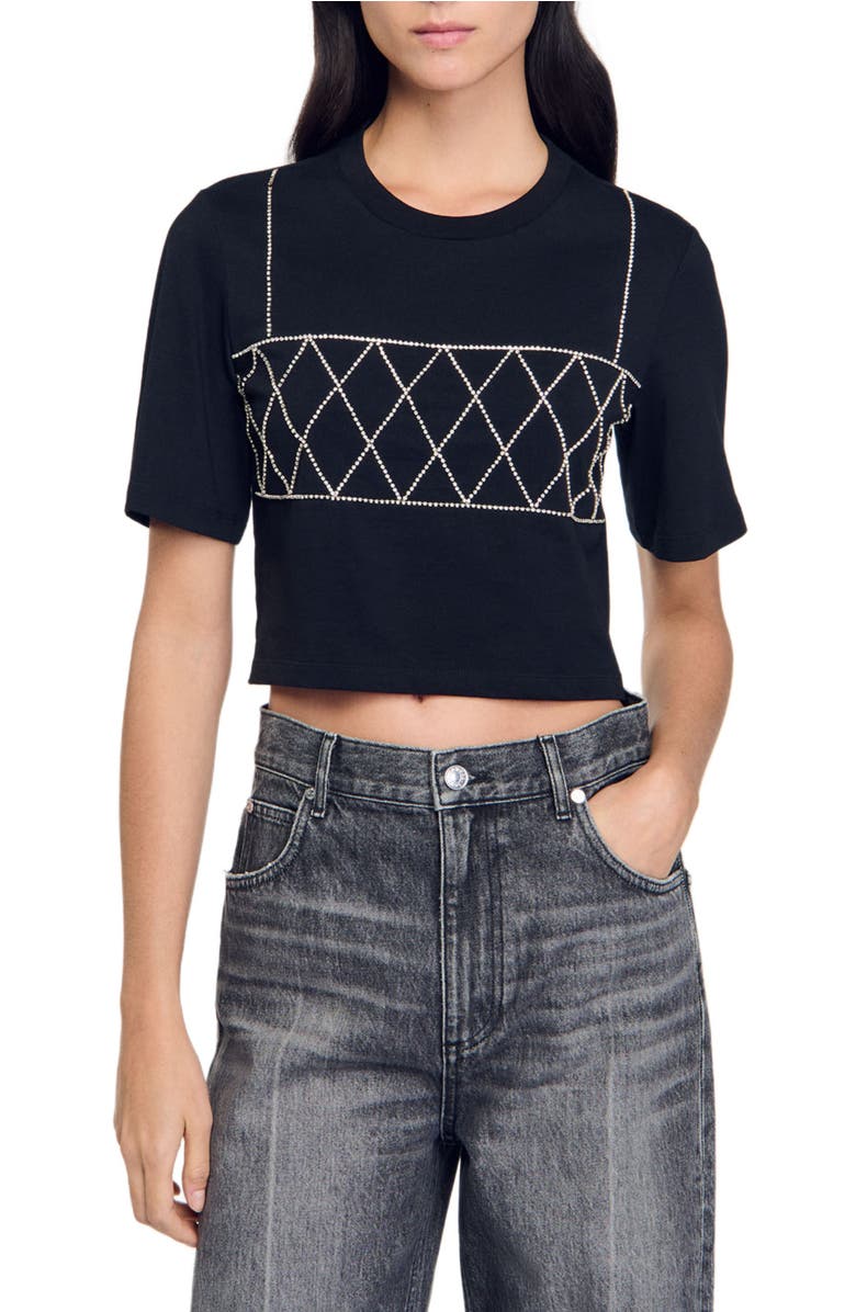 SANDRO Rhinestone cropped T-shirt, Main, color, 