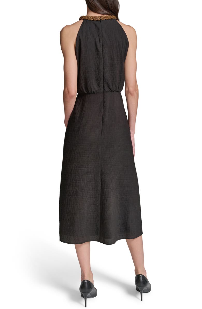 KARL LAGERFELD PARIS Placed Floral Bead Collar Detail Sleeveless Midi Dress, Alternate, color, Midnight Multi