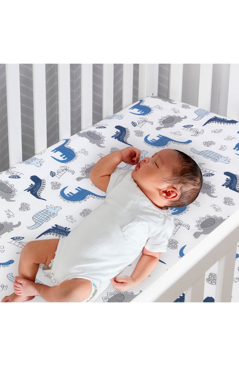 Lambs & Ivy Baby Dino 100% Cotton Dinosaur Fitted Crib Sheet, Alternate, color, Blue