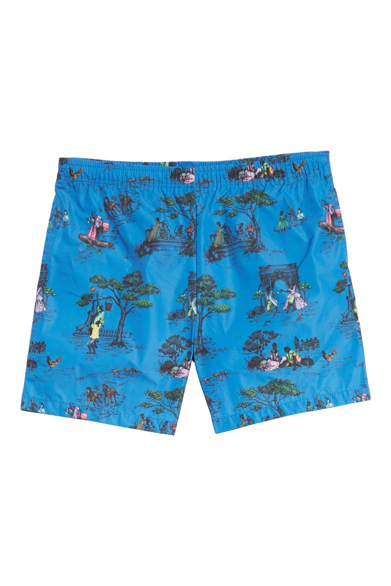 Sheila Bridges Harlem Toile Swim Trunks, Main, color, BLUE