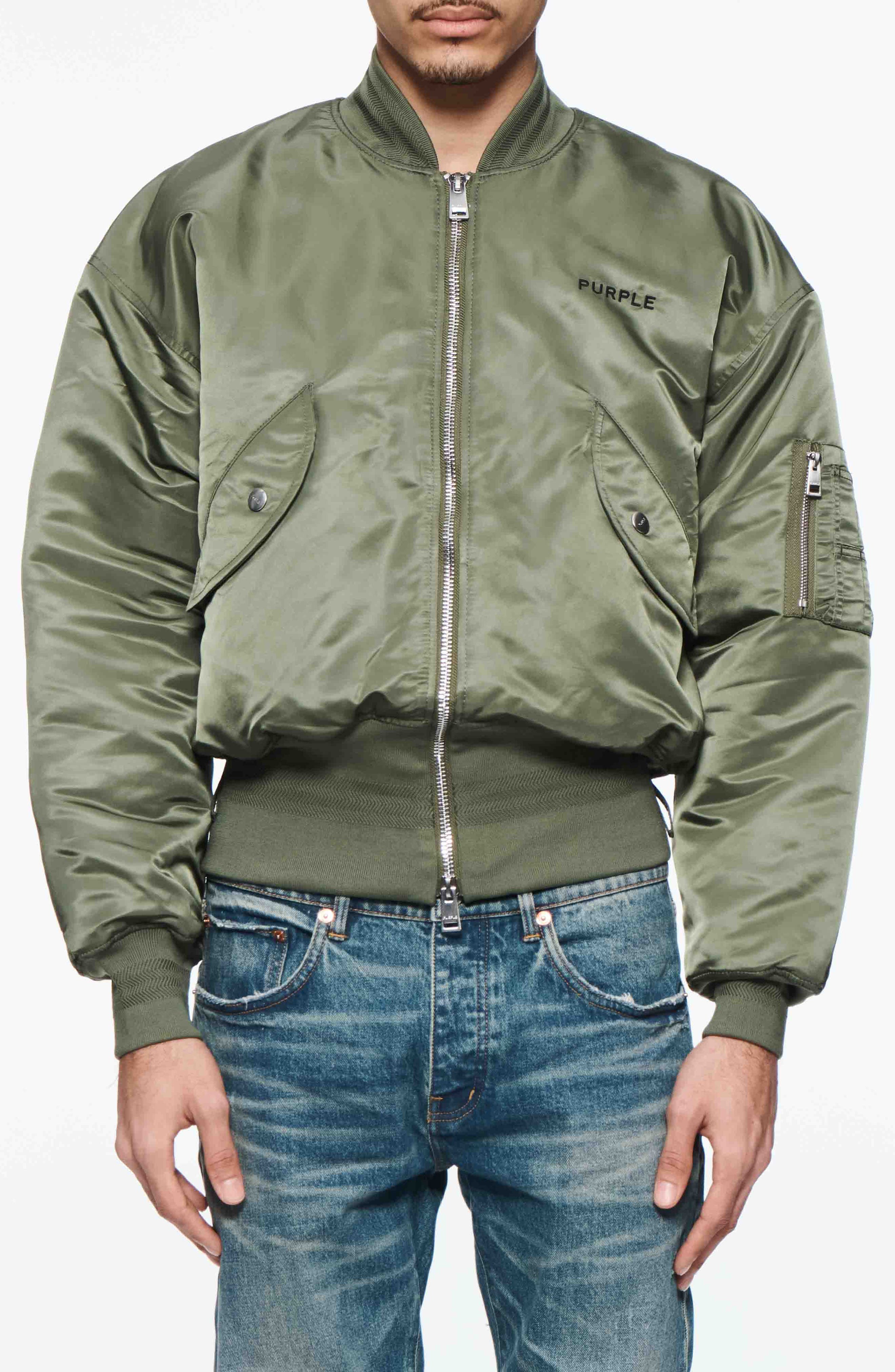 PURPLE BRAND Zip Front Satin Bomber Jacke