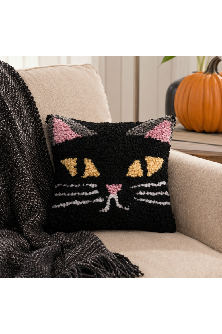 Black Cat Hooked Petite Halloween Accent Pillow 8" x 8", Alternate, color, Black
