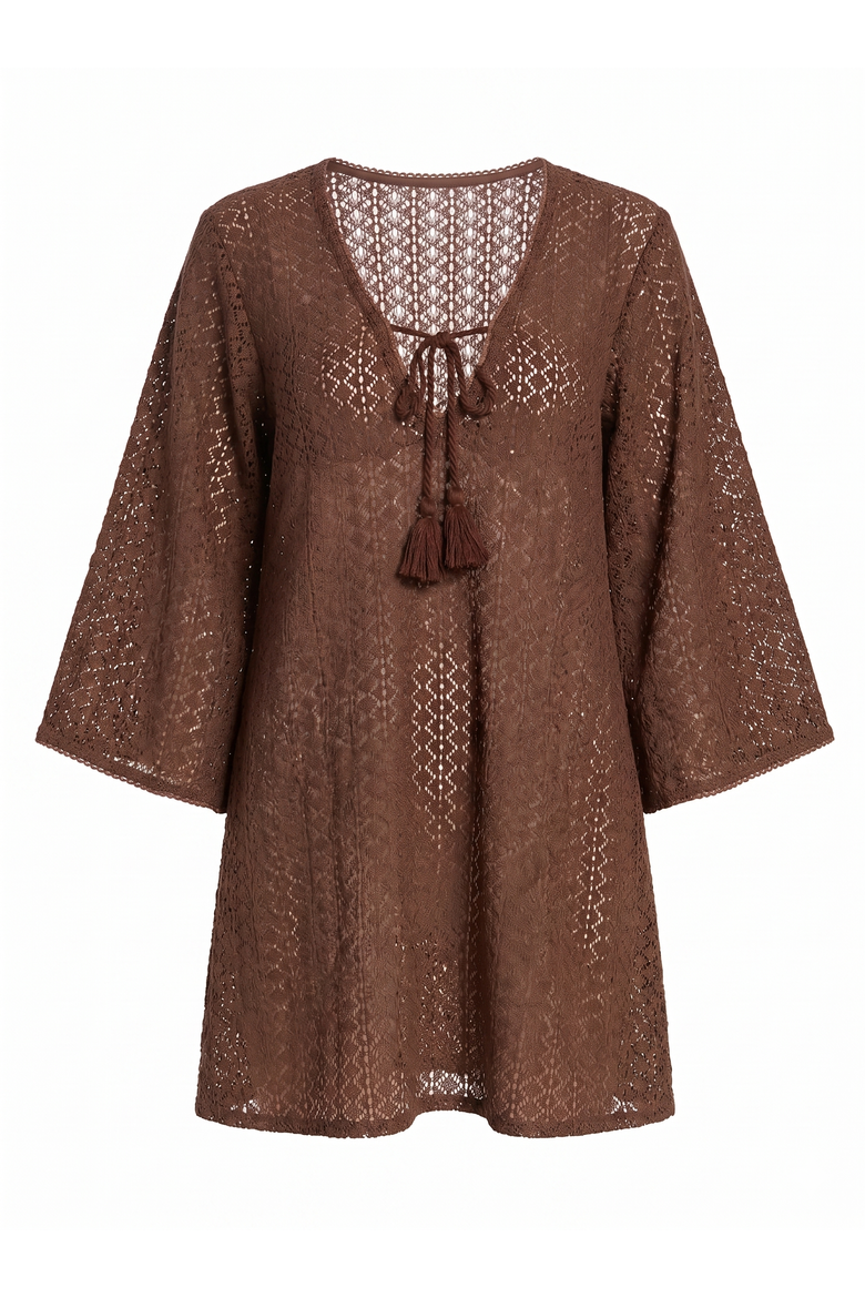 Sorrento Bell Sleeve Crochet Cover-up, Alternate, color, Brown