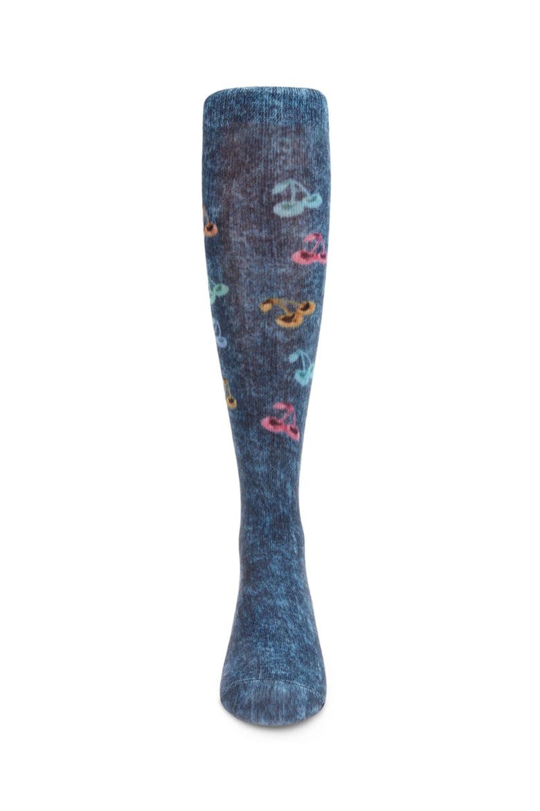 Distressed Wash Denim Cherries Knee High Sock, Alternate, color, Blue