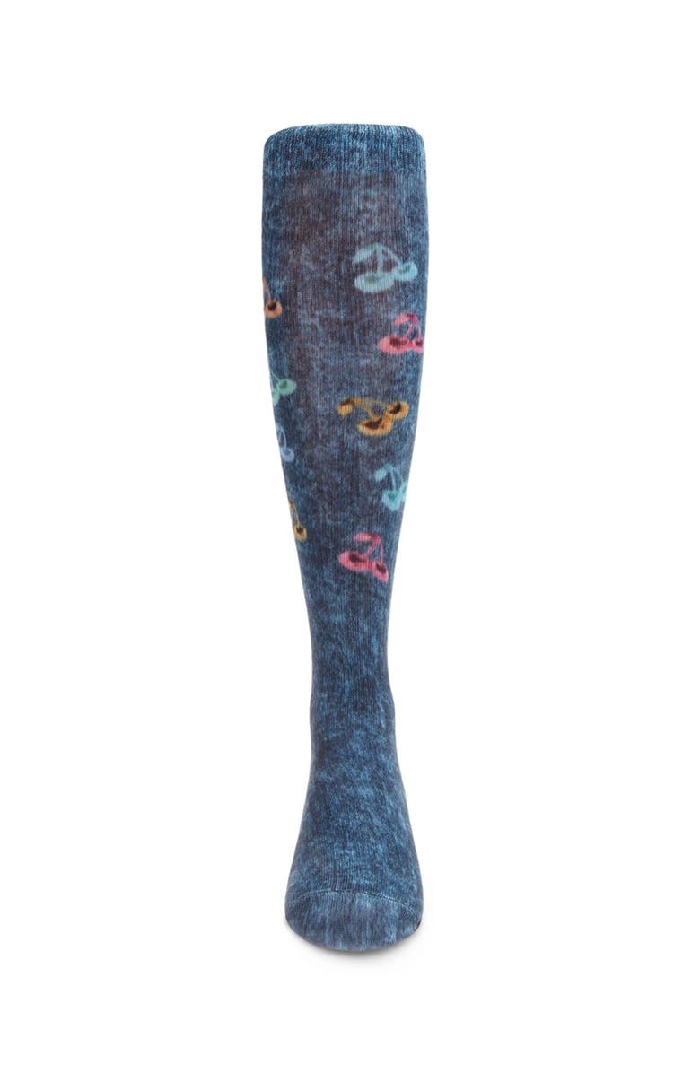 MeMoi Distressed Wash Denim Cherries Knee High Sock, Alternate, color, Blue