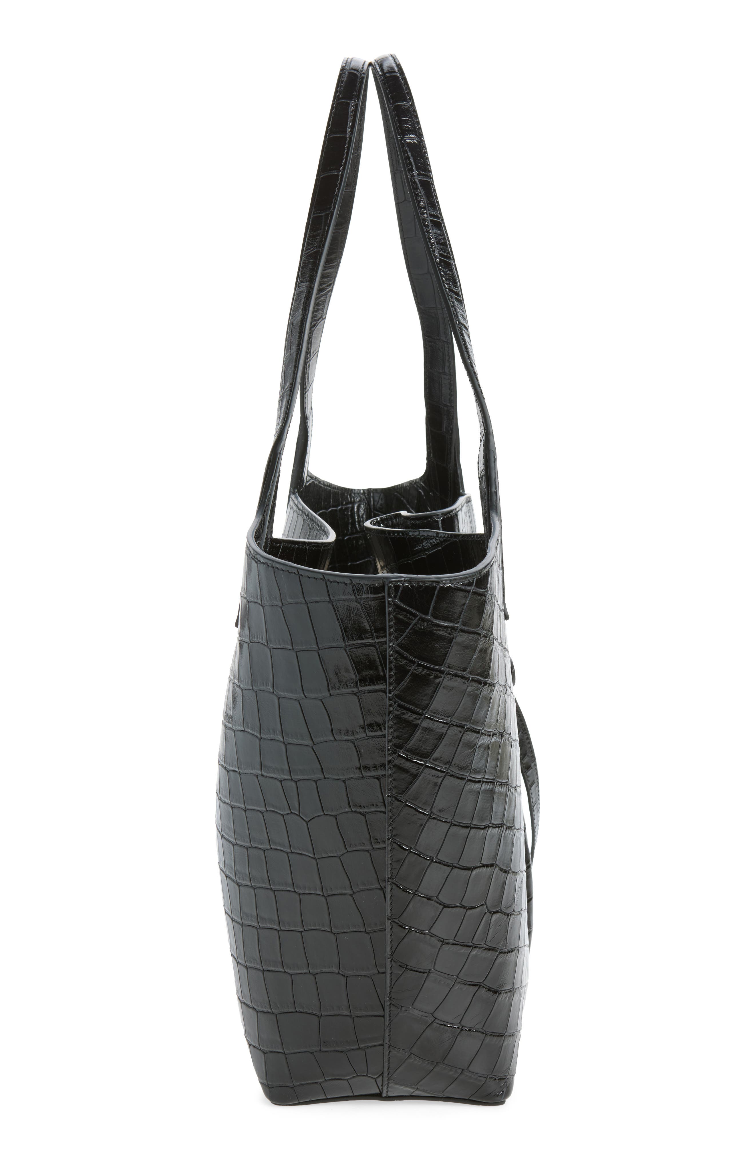 Belted Croc Embossed Leather Tote, Alternate, color, BLACK