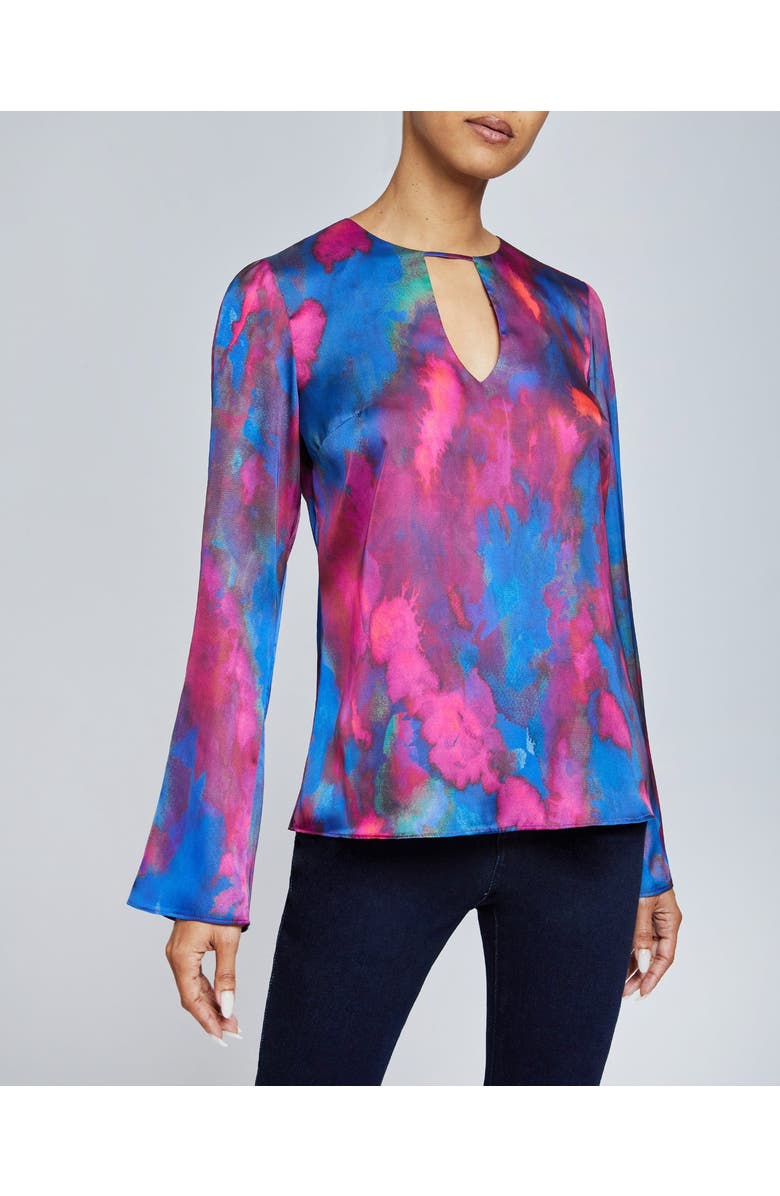 Santorelli NOA Long Sleeve Keyhole Blouse in Abstract Printed Charmeuse, Main, color, Magenta Multi