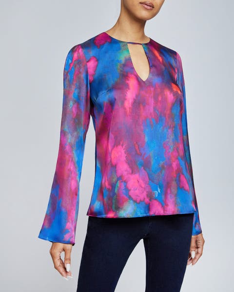 NOA Long Sleeve Keyhole Blouse in Abstract Printed Charmeuse