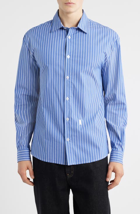 Regular Fit Bold Stripe Stretch Cotton Blend Button-Up Shirt