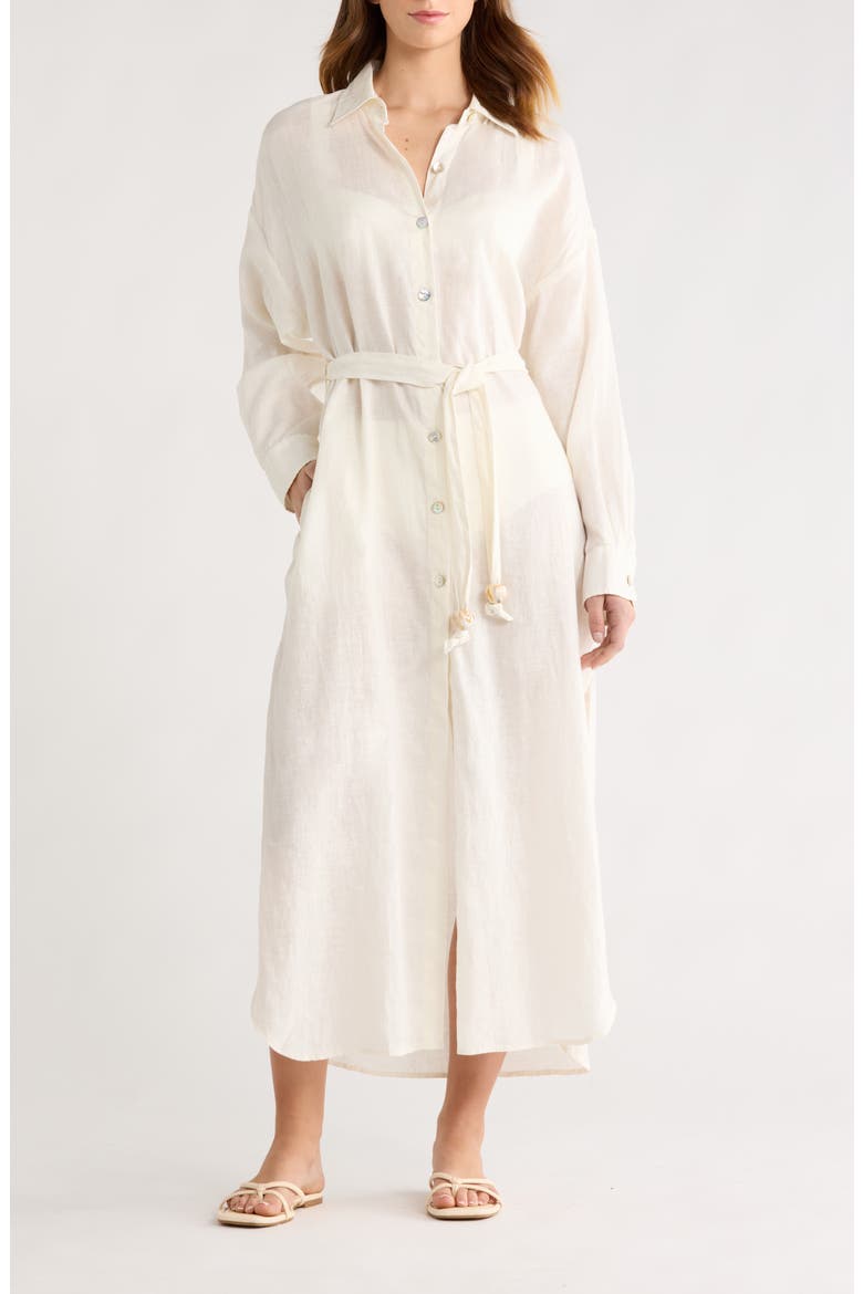 Long Sleeve Linen Maxi Shirtdress, Main, color, WHITE