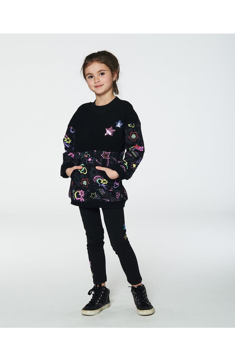 Deux par Deux Girl's Bi-Material French Terry And Soft Fleece Tunic With Pocket Black Printed Rainbow Hearts, Alternate, color, 